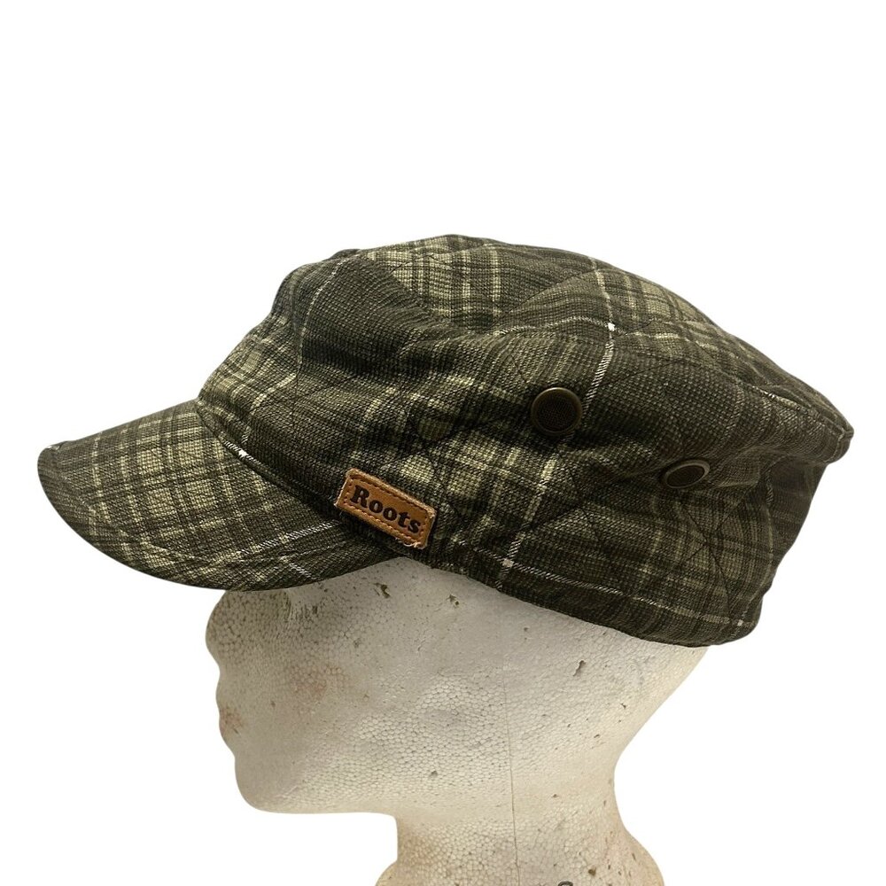 Roots Green Plaid Cotton Cap Size M Flat Top Quilted Lined Classic Hat Khaki - Picture 3 of 10